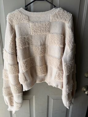 Cozy Cream Textured Check Knit Sweater - Women